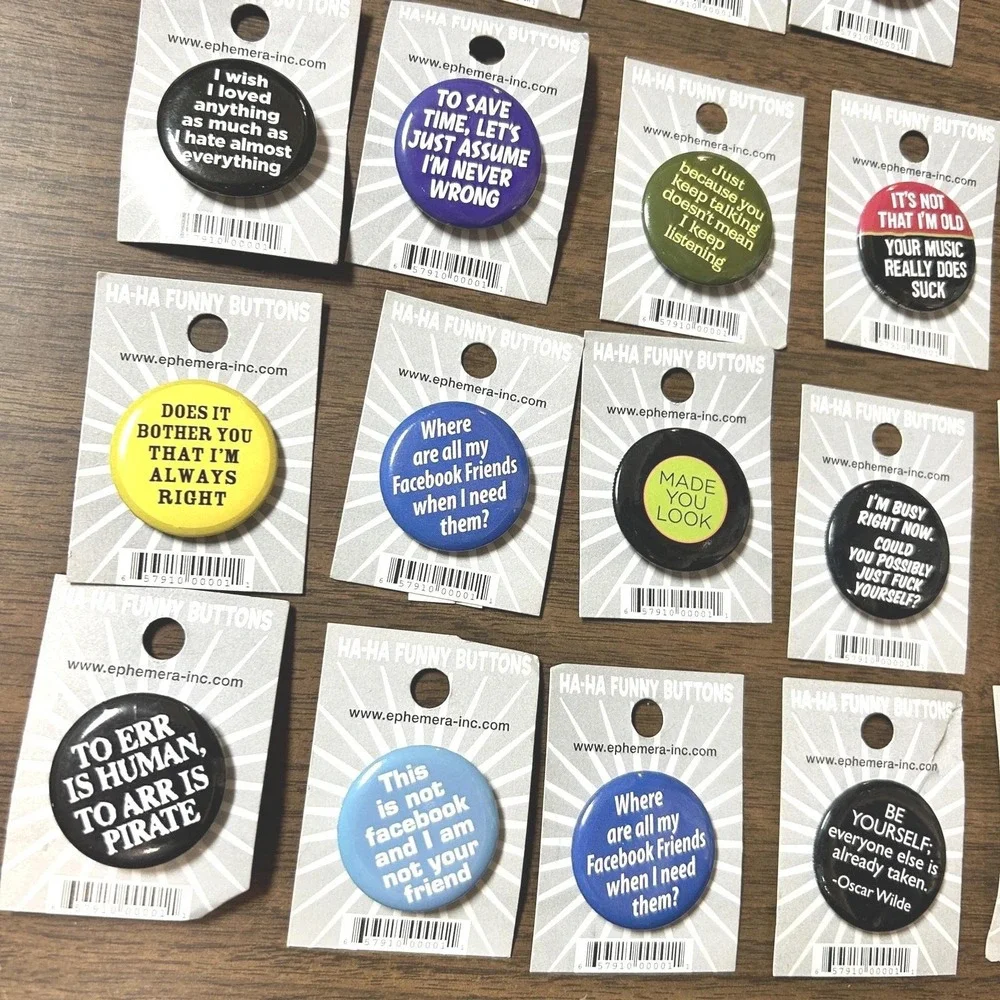 Ephemera‎ Ha-Ha Funny Buttons Pin Lot of 24 Multicolor NEW Sarcastic Snarky